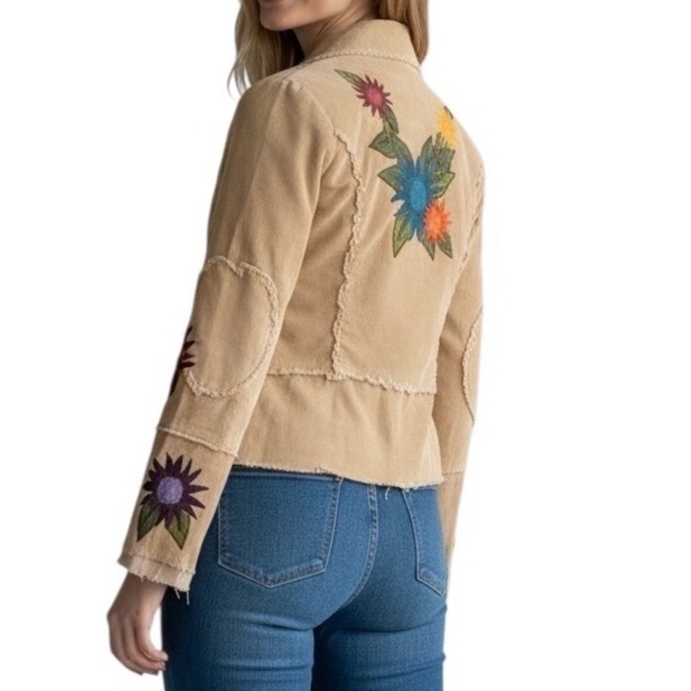 Wet Seal Vintage Tan Corduroy Embroidered Patchwork Blazer Jacket Raw Womens M